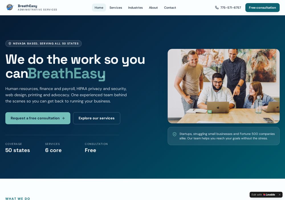 Preview of the BreathEasy Admin Services website at breatheasy.net